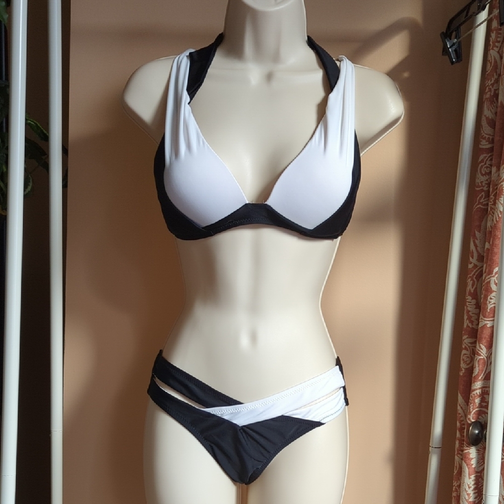 Strappy Black and White Bikini Set